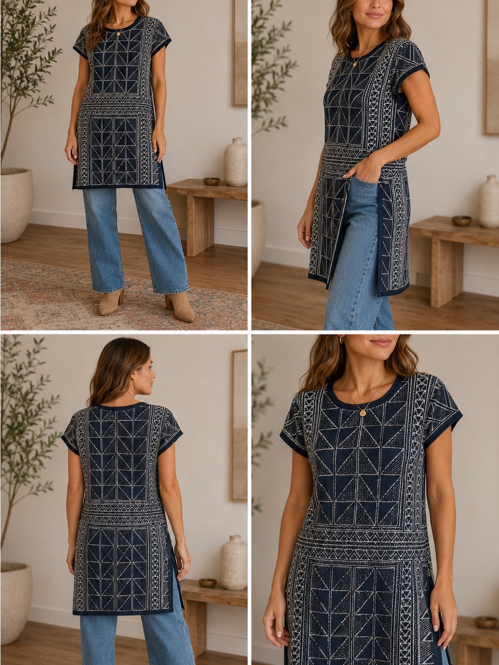 NWT vintage Peruvian Connection knit Navy Short-Sleeve Tunic Top